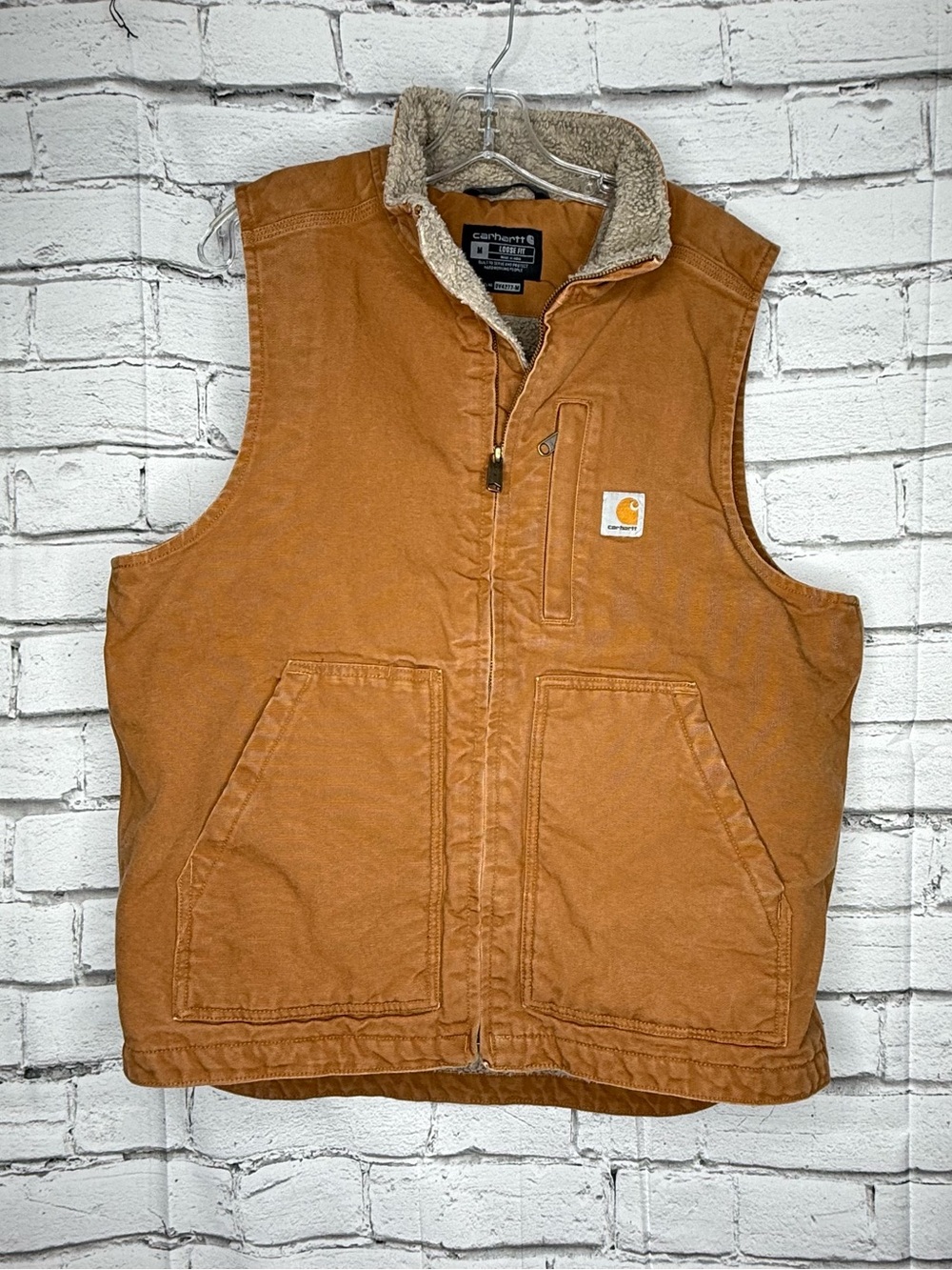Carhartt Mens Washed Duck Sherpa Lined Mock Neck Vest Sz M Brown Loose Fit Work